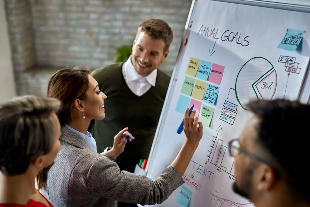 Group of business people collaborating on their annual goals