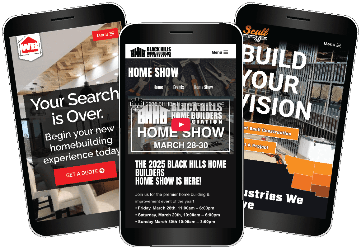 Digital Construction Team Project Showcase displaying mobile websites for Black Hills Home Builders, Wood-Builders, and Scull Construction