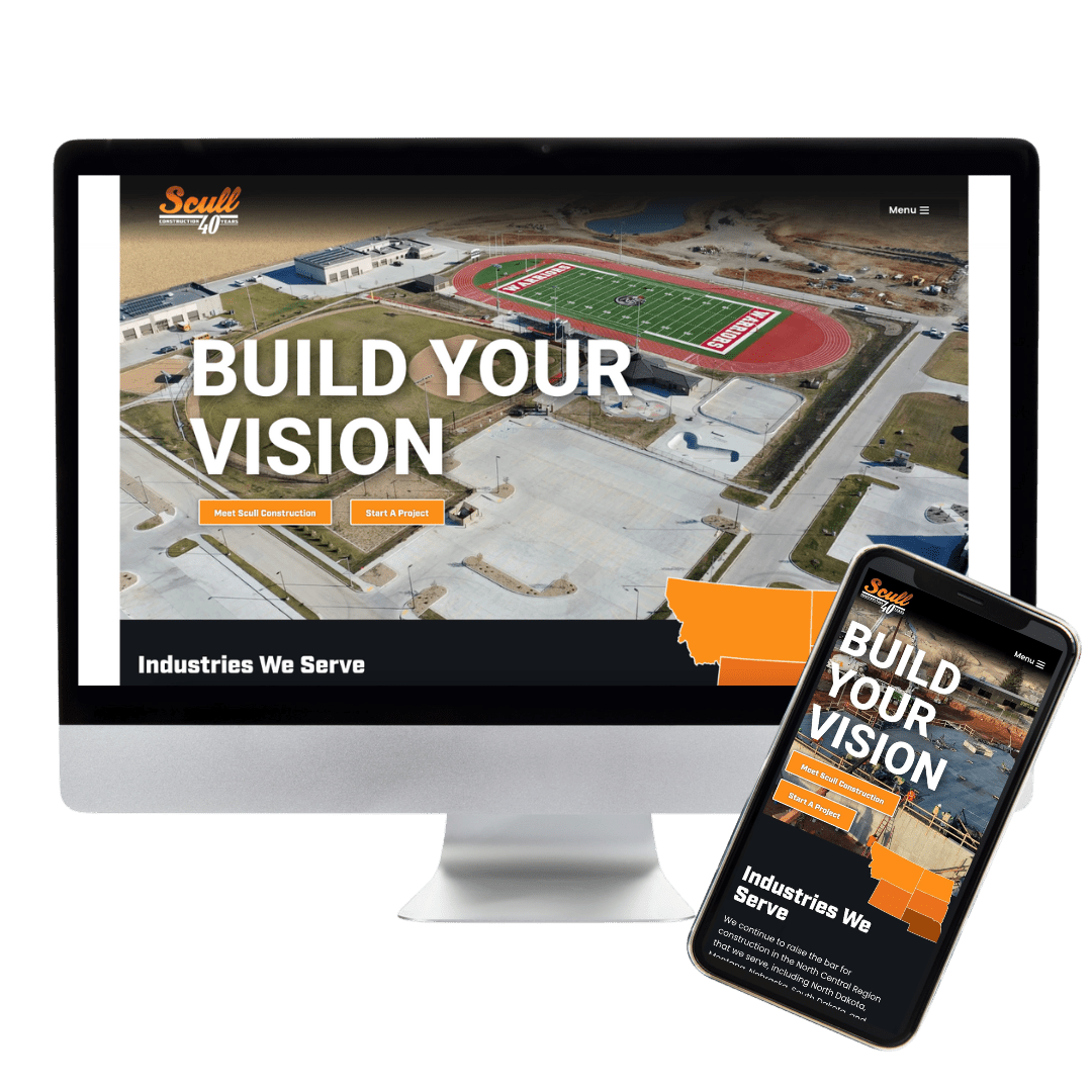 Scull Construction Website Preview showcasing a desktop computer and mobile phone viewing the website