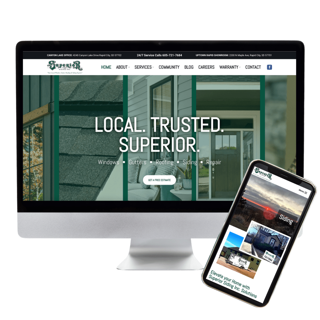 Superior Siding Website Preview showcasing a desktop computer and mobile phone viewing the website