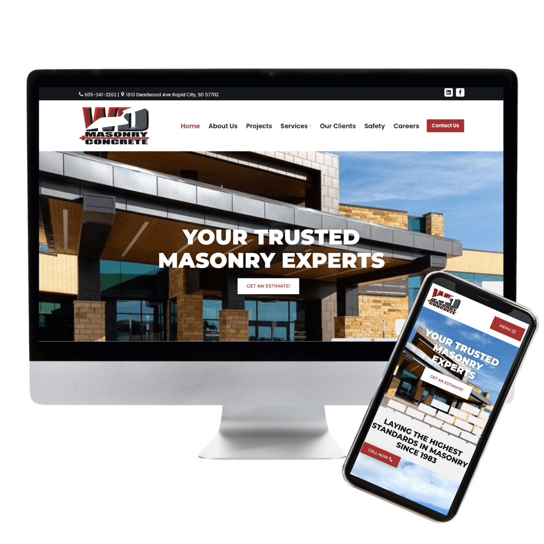WD Masonry Website Preview showcasing a desktop computer and mobile phone viewing the website