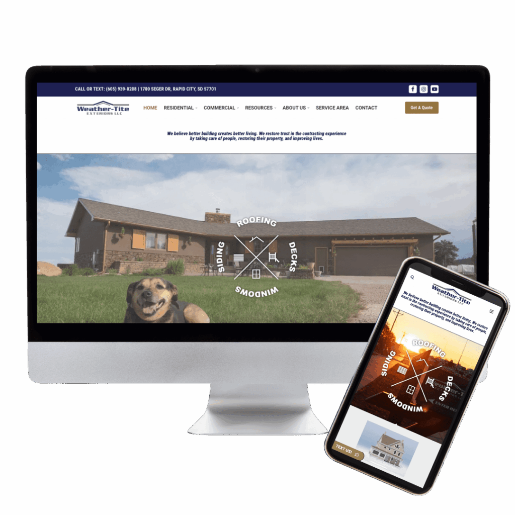 Weather-Tite Exteriors Website Preview showcasing a desktop computer and mobile phone viewing the website