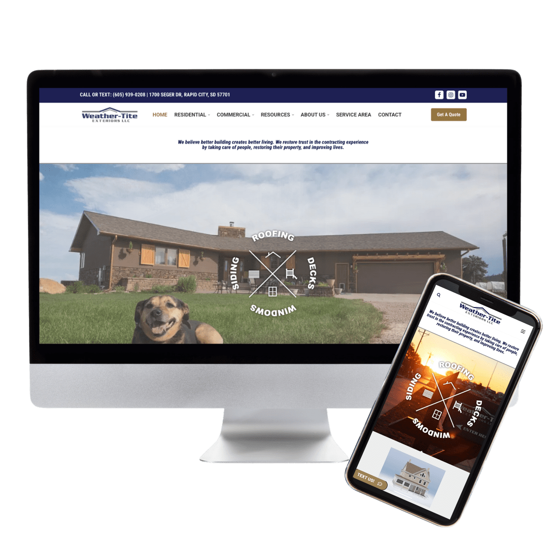 Weather-Tite Exteriors Website Preview showcasing a desktop computer and mobile phone viewing the website