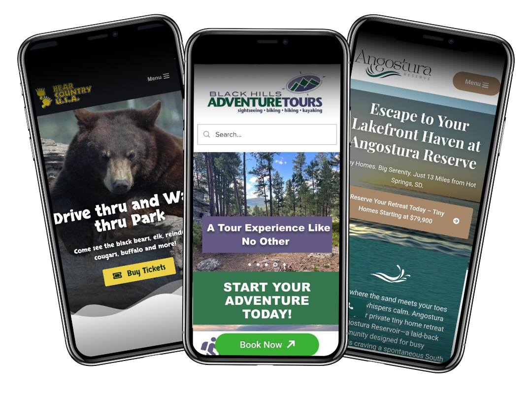 Image of three Tourism websites built by Dot Marketing viewed on mobile devices