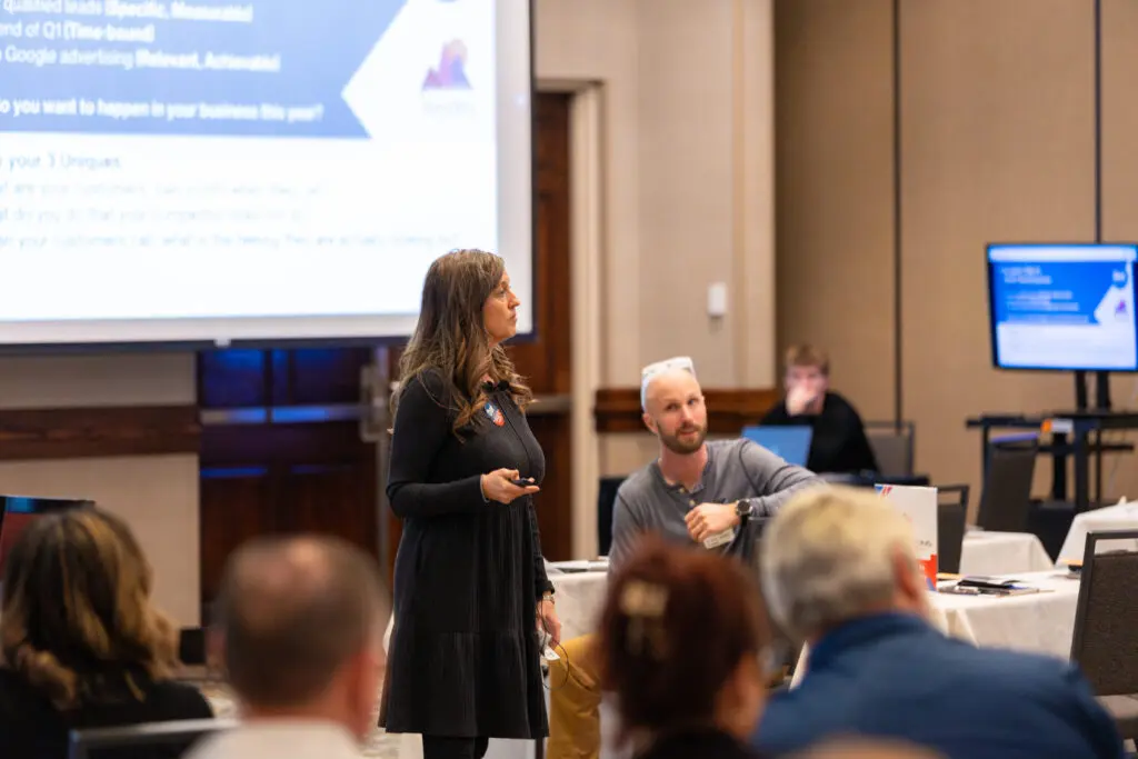 Angela Wolter leading a marketing talk at a business event