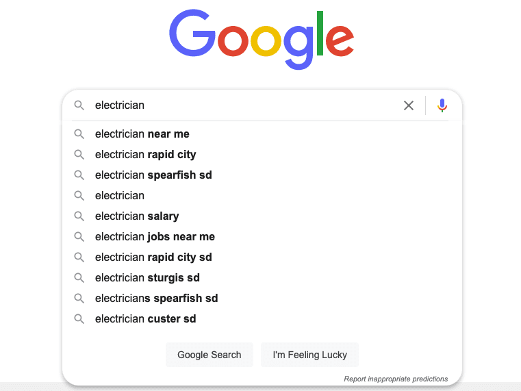 Google electrician search results