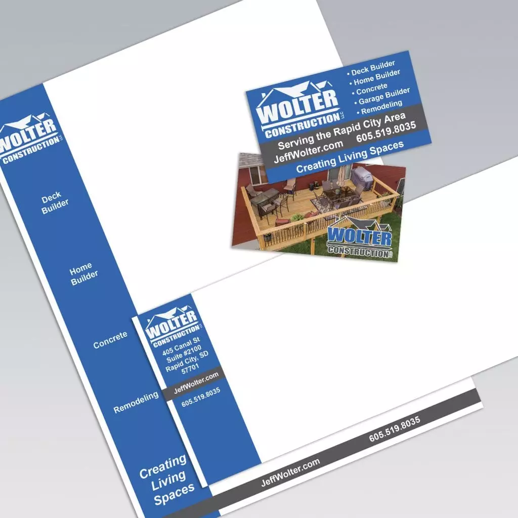 wolter construction branding examples - business card, letterhead, envelope