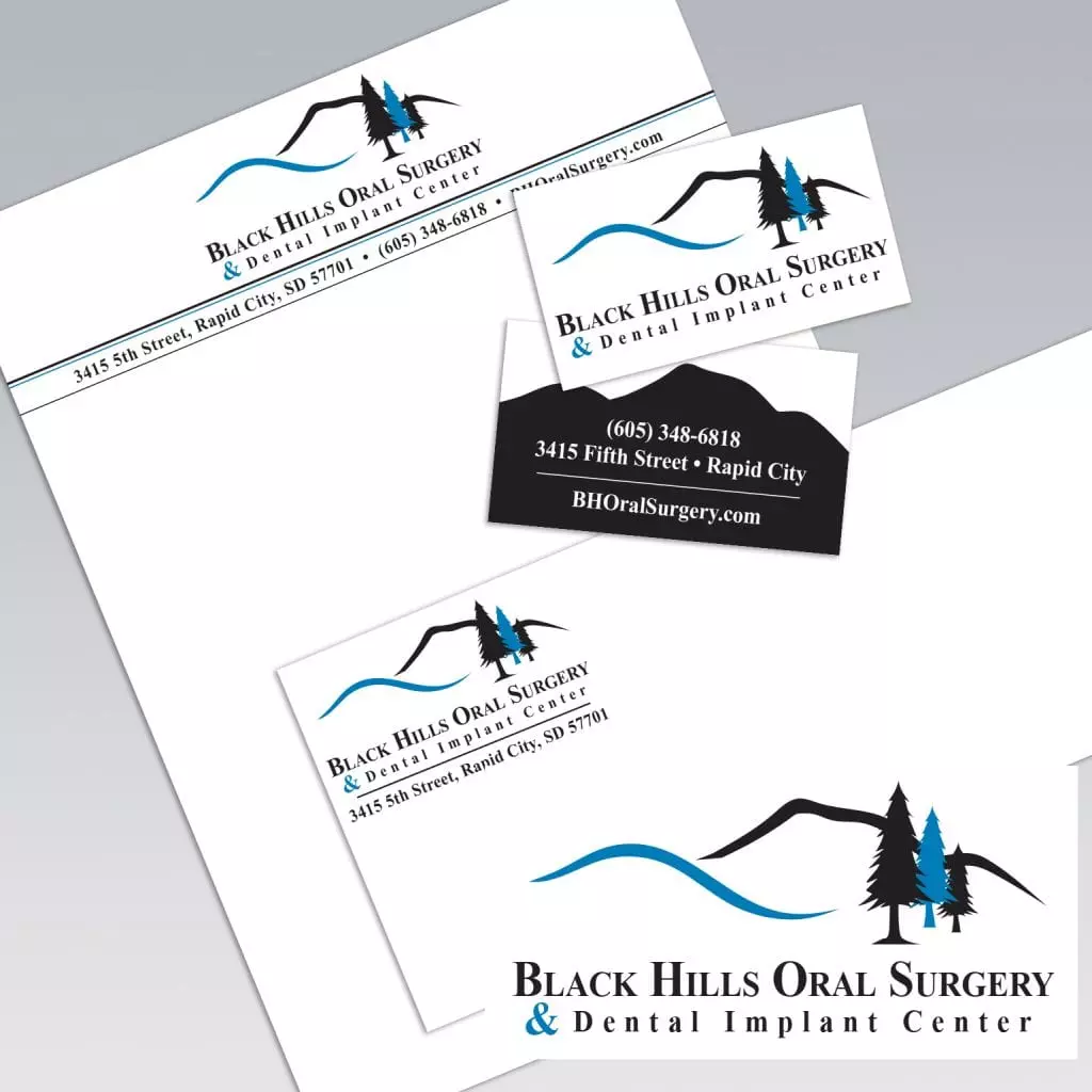 black hills oral surgery branding examples - business card, letterhead, envelope
