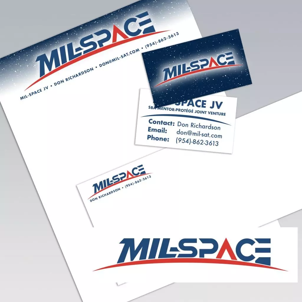 mil-space branding examples - business card, letterhead, envelope