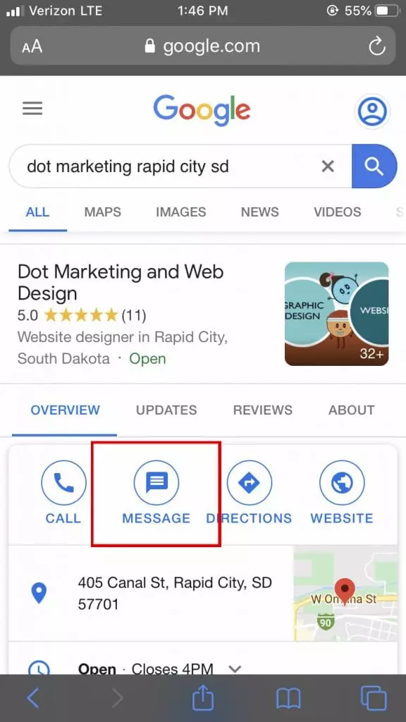 dot marketing google my business profile with message button