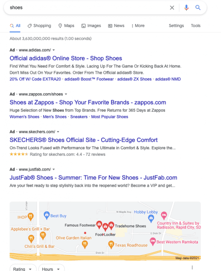 google results for "shoes" search