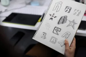 notebook holding drawings of a logo
