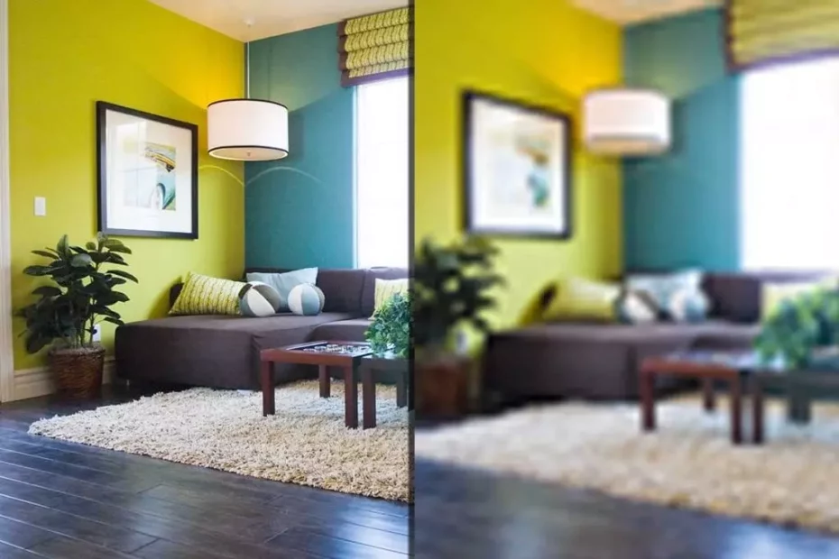 office space with clear image on left and blurry image on right