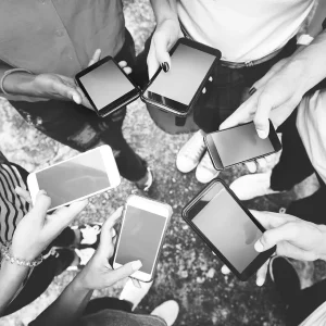 people on phones in a circle