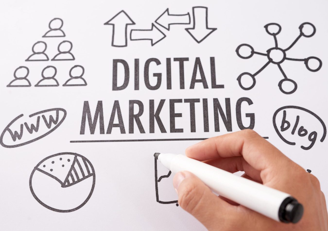 Crop hand drawing digital marketing plan From above shot of crop hand using marker pen to draw icons near digital marketing writing on paper sheet